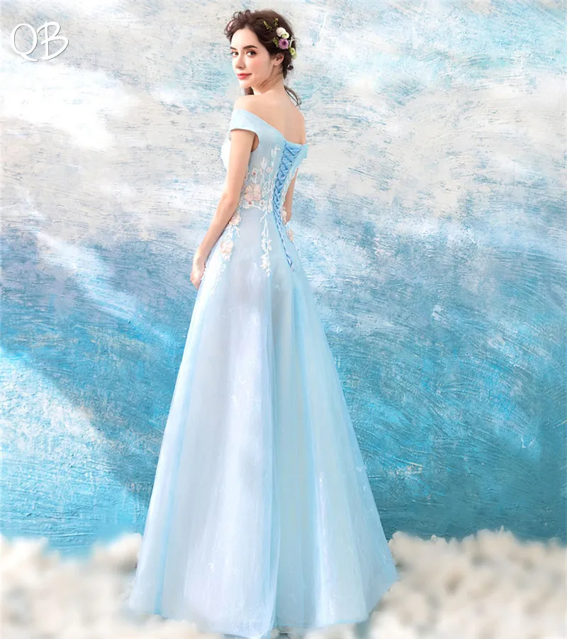 A-line V-neck Tulle Lace Flowers Long Formal Elegant Sky Blue Evening Dresses 2020 New Fashion Bride Party Prom Dress XK149