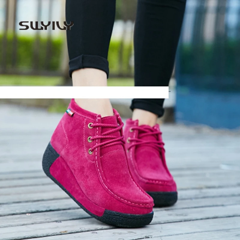 

SWYIVY Women Sneakers 2018 Leather Winter Warm Short Boots Plus Velvet Cotton Shoes Women's Toning Boots Thick-sole Swing Shoes