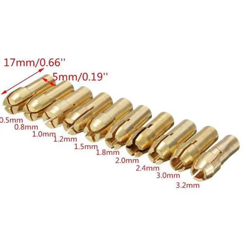 10pcs/lot Mini Drill Brass Chuck Collet Drill Bit 0.5/ 0.8/ 1.0/ 1.2/1.5/ 1.8/ 2.0/ 2.4/ 3.0/ 3.2mm Set Fit Nut