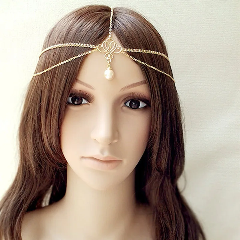 New Wedding Hair Accessories Simple Tassel Pearl Water Drop Gold Bijoux Bridal Headband Crystal Head Chain For Women