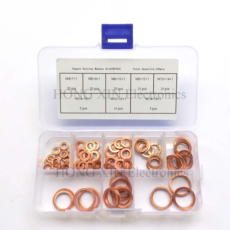 100pcs/set M4-M14 Professionelle Assorted Kupfer Washer Dichtung Set Flache Ring Dichtung Sortiment Kit