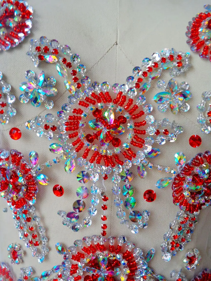 Handmadesky red/clear AB colour sew on Rhinestones applique on mesh crystal patches with stones sequins beads 45*35cm
