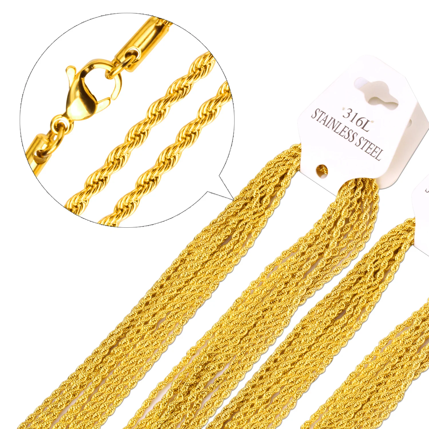 ASONSTEEL 10pcs 2mm Width Rope Chain Necklace Stainless Steel Gold Color Choker For Women Men Bulk Wholesale Anti-Allergy Boho