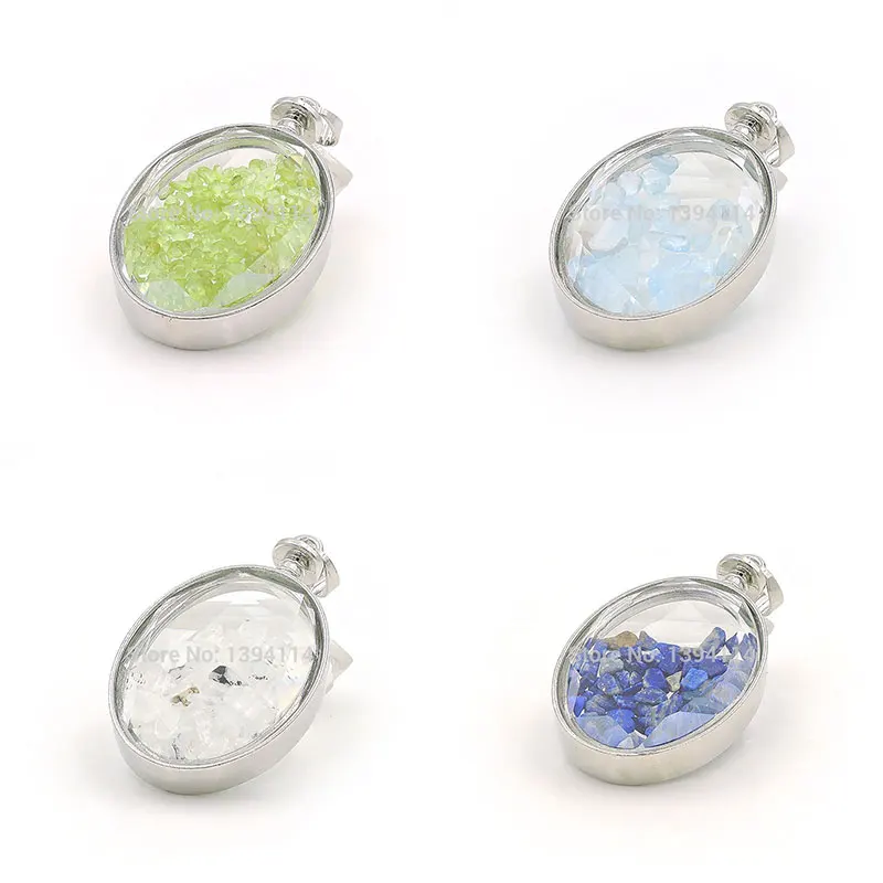 Mixed Stones Chips Oval Device Pendant With Gluing Double Glass Boards Approx 50*30*12mm