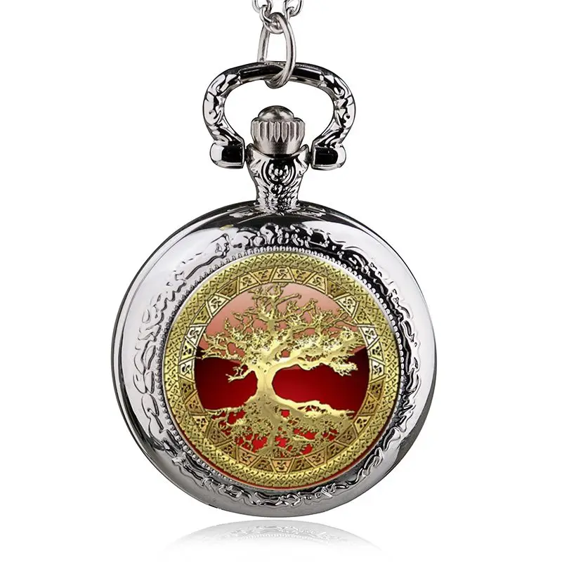 Tree Of Life Steel Quartz Pocket Watch Necklace Steampunk Jewelry Vintage Long Chain