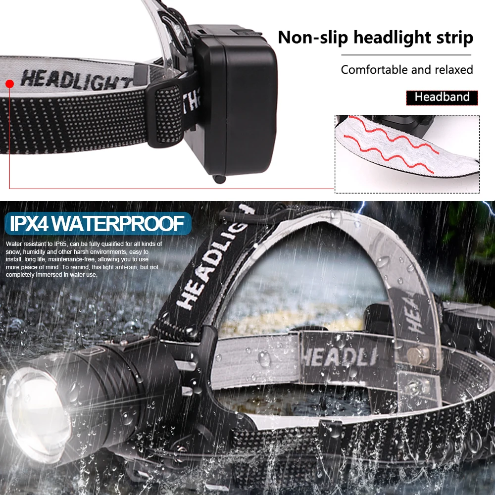 Linterna frontal led de alta potencia con zoom, Faro de XHP-70.2 de 7000 lúmenes, para pesca, Camping, USB, 18650