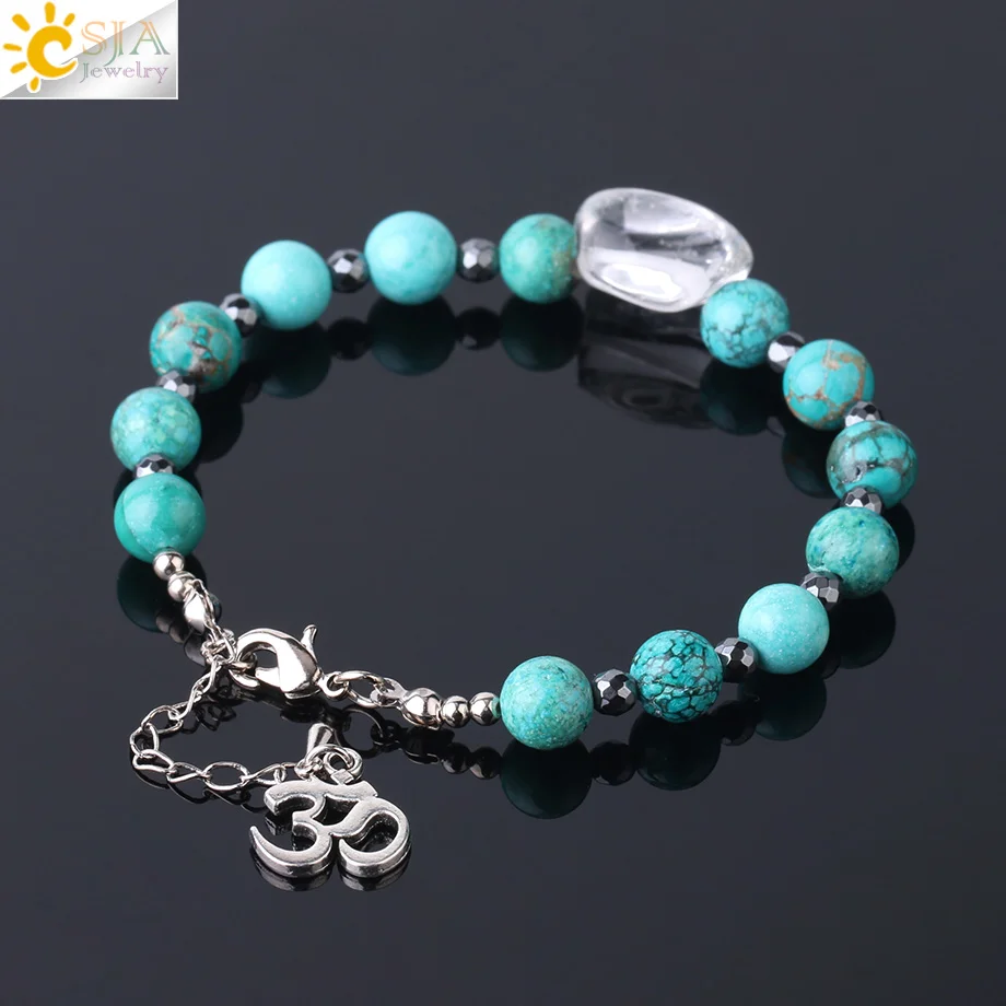 CSJA Natural Turquoises Bracelet 8mm Bead Yoga 3D Charms Bracelets Adjustable Lobster Clasp Link Chain Bangle for Women Men F732