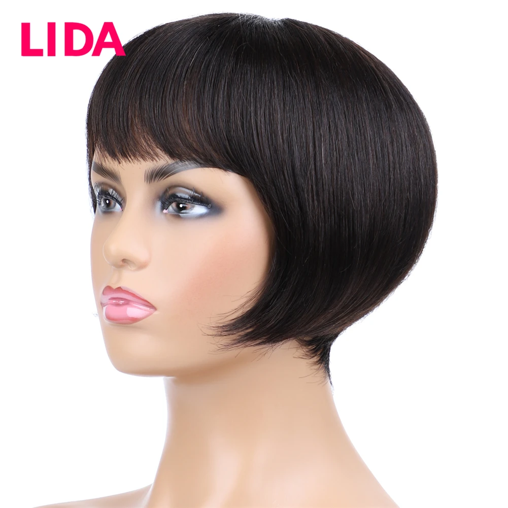 Lida-Perruque BOBO Brésilienne Naturelle Non Remy, Cheveux Courts Lisses, 8 Pouces, Faite à la Machine, Taille Moyenne, Toutes les Couleurs