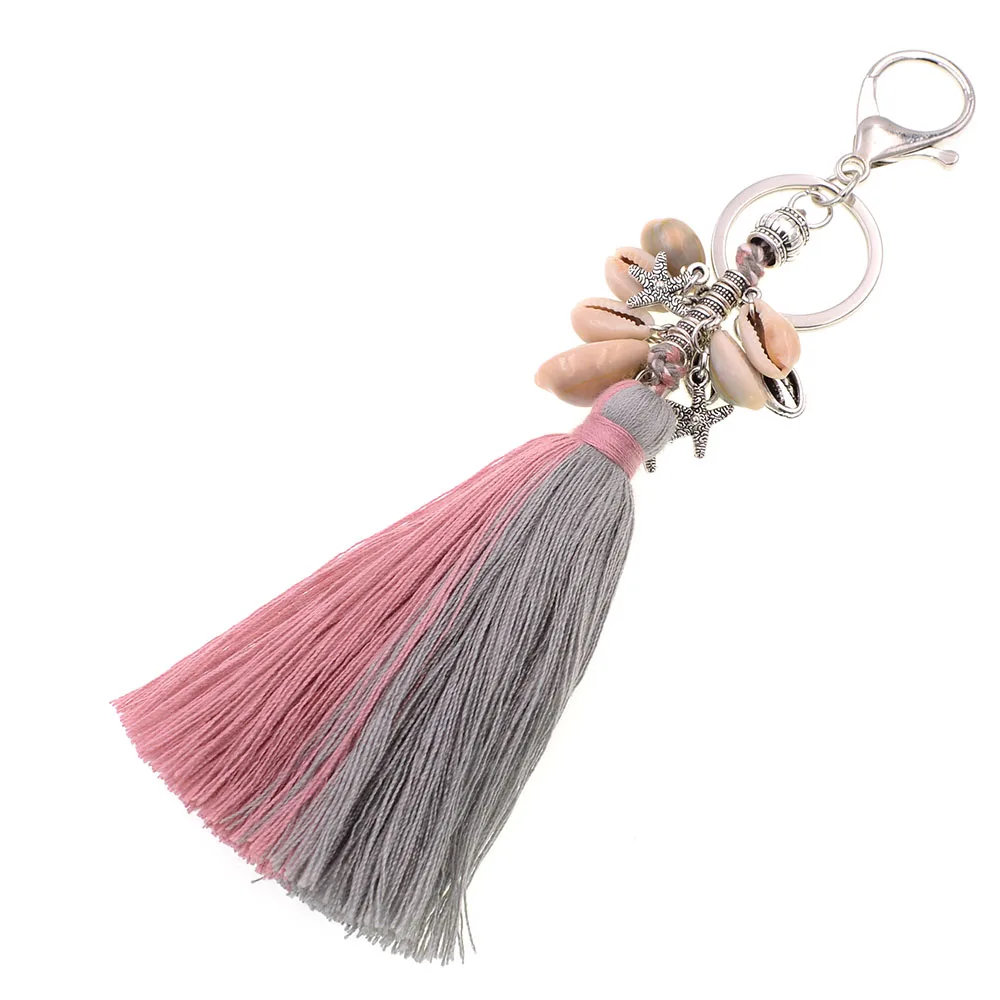 WELLMORE handmade bohemia shell with long tassel alloy Key Chain For Women Girl Bag Keychain