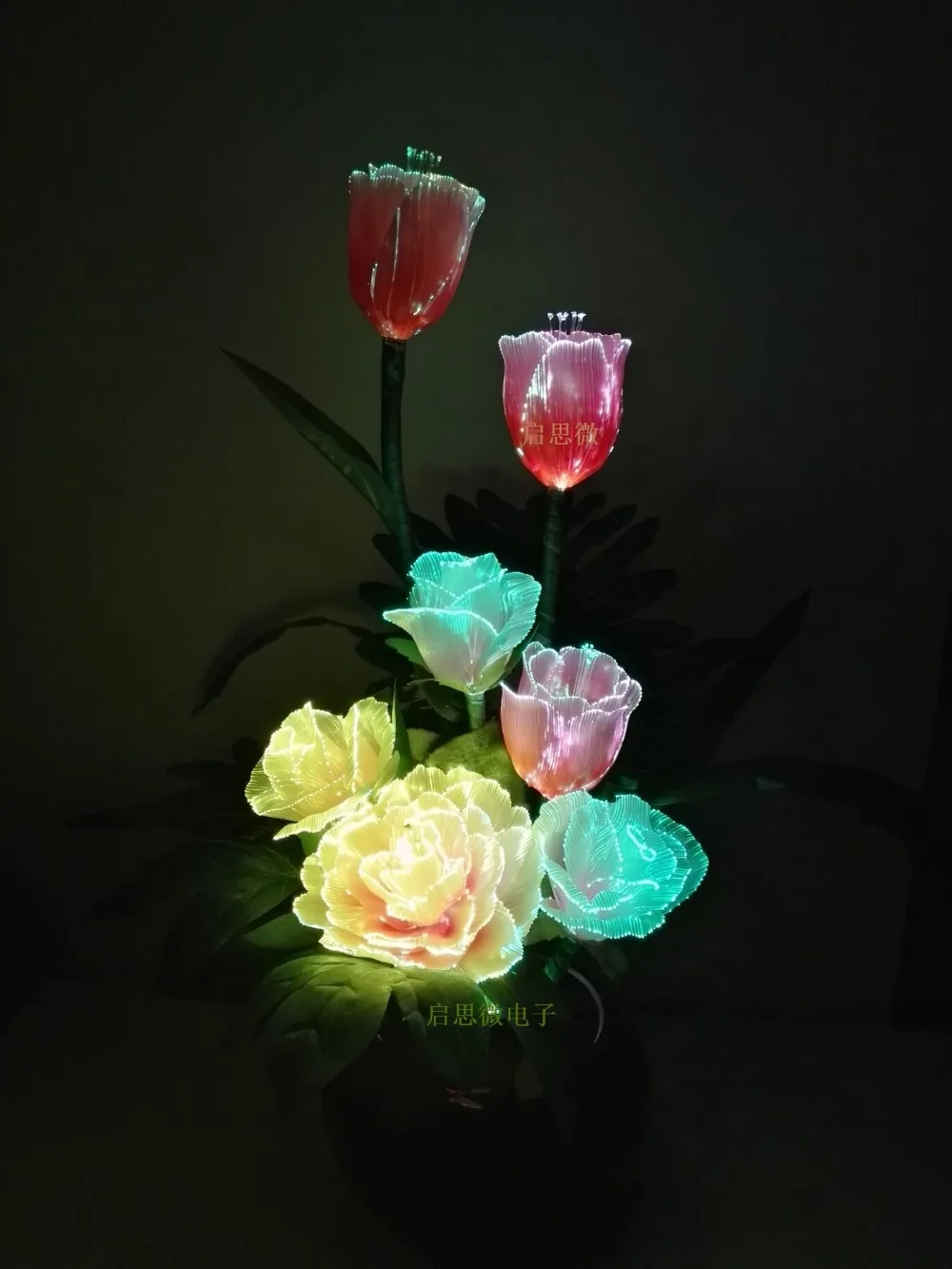 Led fiber optic lights Artificial Flowers Silk flower European Fall Vivid Peony Rose Tulips Fake Leaf Creative Led lamp