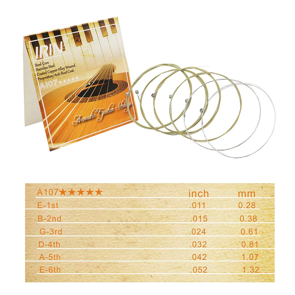 Acoustic Folk Guitar Strings Replacement Full Set 6pcs(.011-.052) Steel Core Copper Alloy Wound with End Ball Medium Tension