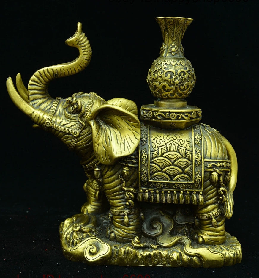 20cm China Copper Bronze Feng shui Wealth Animal Elephant Heffalump Peach Vase Statue