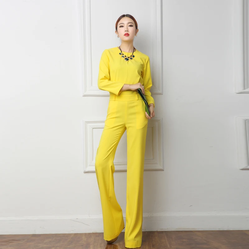 2018 Spring Office Lady Women One Piece Outfits Jumpsuits Long Sleeve Loose Wide Leg Pants Sexy Bule Yellow Rompers Playsuit