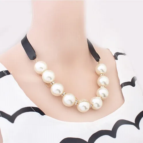 Fashion office/career(OL) style women ribbon pearl set auger necklace jewelry 2022,black ribbon gold-color pearl necklace