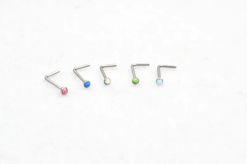 50pcs  Opal Stone Nose Stud Screw Surgical Steel L Shape Nose Cartilage Ring Stud  Nose Stud 20G body jewelry Mix Colors