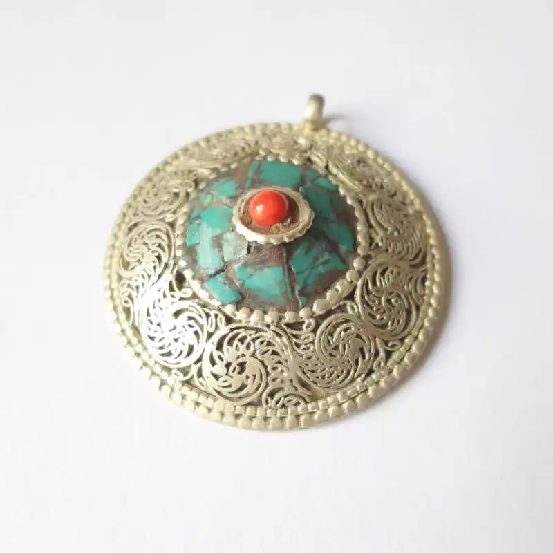 TBP494 Nepal Vintage Hand Jewelry Copper Inlay Stone Flower Pendants