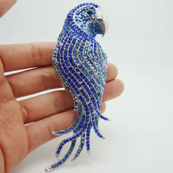 Fashion Style Silver Color Parrot Bird Pendant Brooch Pin Blue Crystal Rhinestone