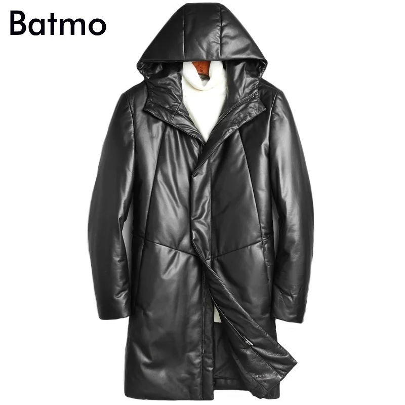 

BATMO 2023 new arrival winter high quality sheepskin white duck down hooed jackets men,men's warm real leather coat,X6803