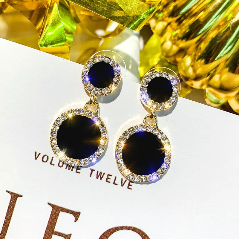 Black Enamel Square Dangle Earrings for Women Crystal Side Double-layers Round Star Pendants Hanging Earrings female oorbellen