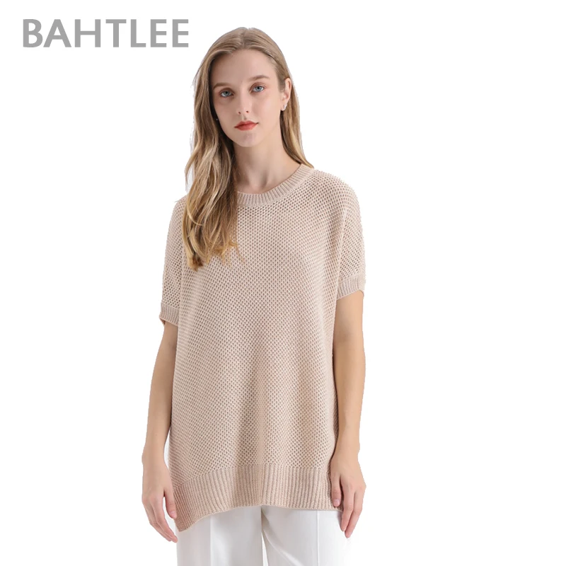 Bahtlee-Women's Short Sleeve Knitted Pullover Sweater, O-Neck T-Shirt, Loose Style, Hollowing Out Ventilation, Summer Jumper