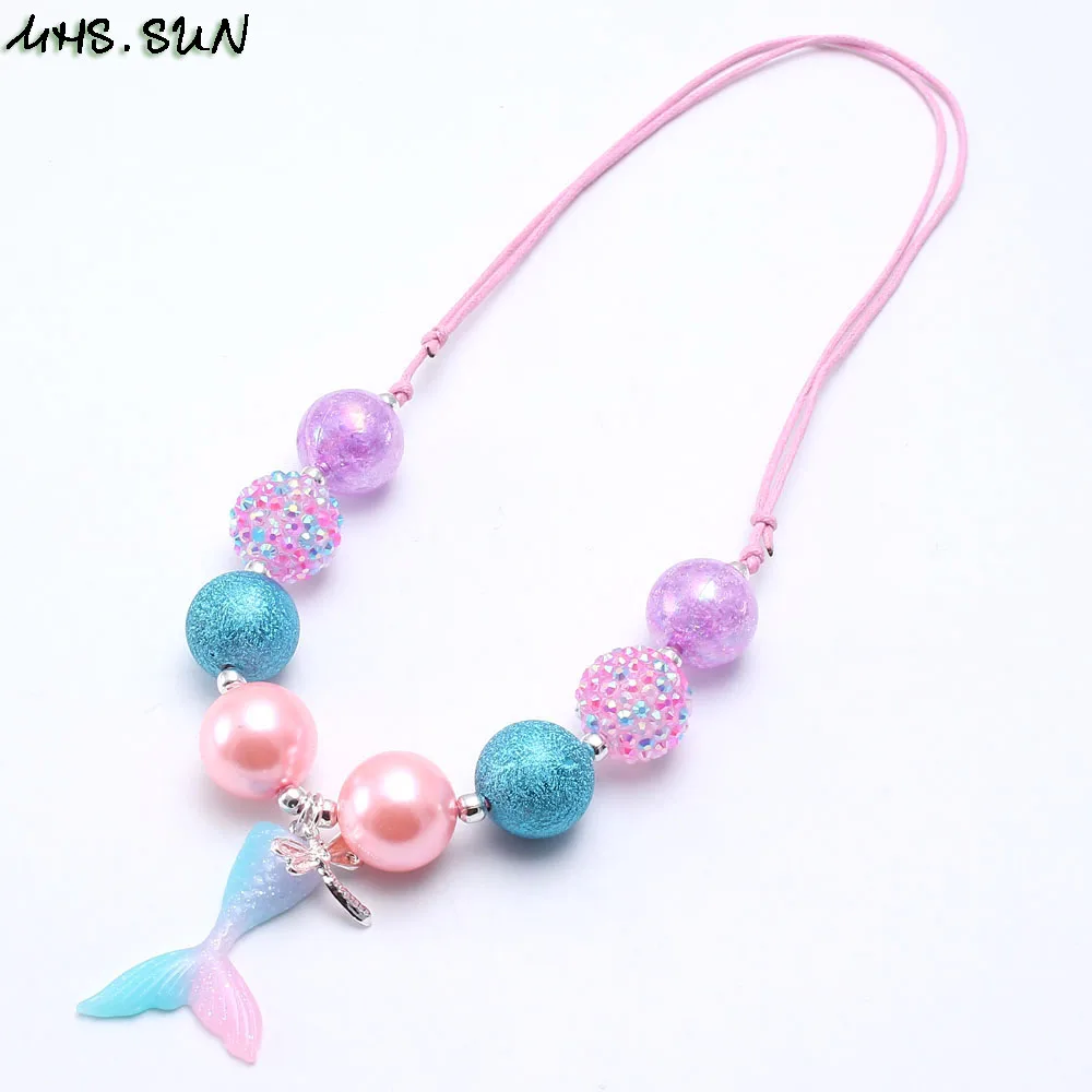 MHS.SUN Cute baby chunky beads girls fashion mermaid tail pendant necklace adjustable rope chain necklace for child kids jewelry