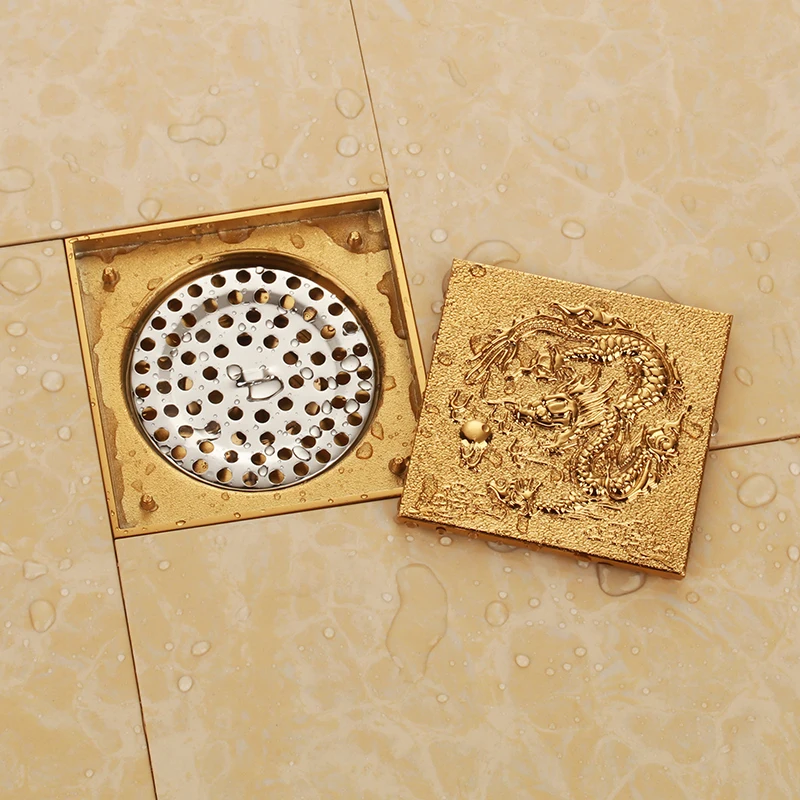 Gold solid brass 100 x 100mm square anti-odor floor drain bathroom shower drain