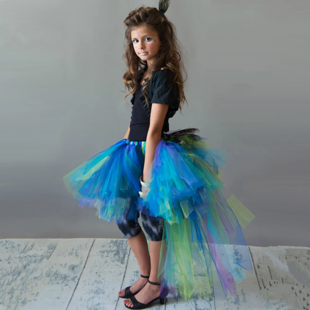 Peacock Feathers Girls Tutu Skirt Trailing Tulle Baby Girl Tutu Skirt Fluffy Kids Skirts For Girls Party Halloween Costume 1-14Y