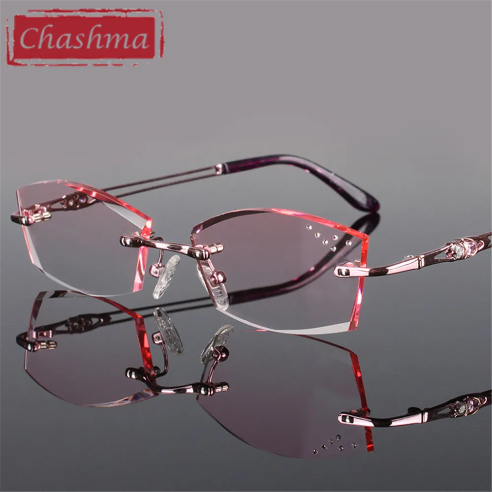 Chashma Pure Titanium Fashionable Lady Eye Glasses Diamonds Rimless Spectacle Frames Women