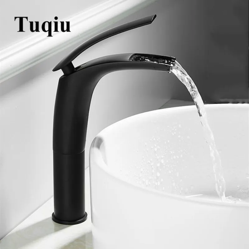 Bathroom Basin Faucet Black Baking Solid Brass Faucet Sink Mixer Tap Hot and Cold Waterfall Basin Faucet Free Shipping