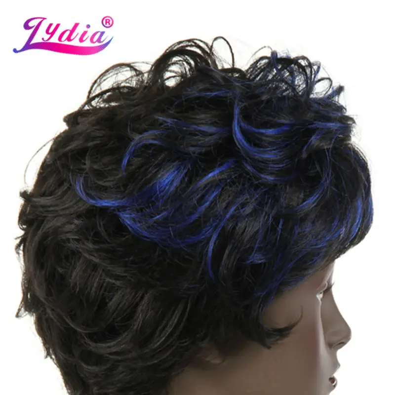 Lydia Synthetic Wigs For Black Women Mix Color FT2/Blue Short Wavy Kanekalon African American Daily Wig