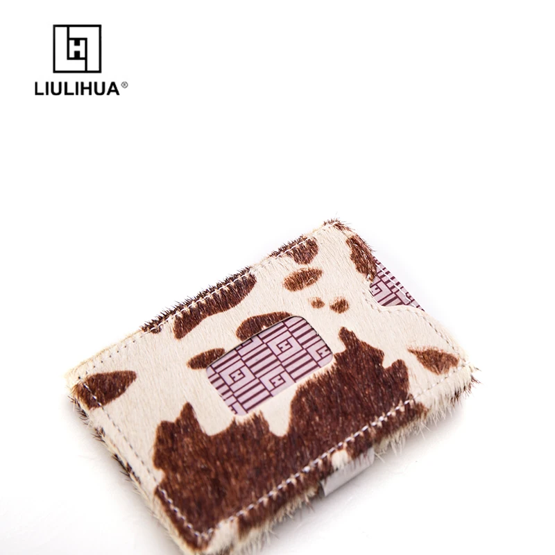 LIULIHUAHorse fur tri-fold bag wrist bag horse leather cowhide white and brown small 7 cm x 9.2 cm inner fabric