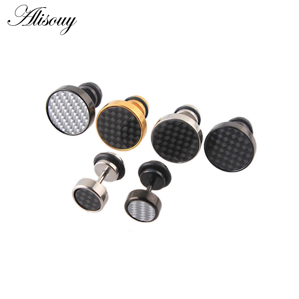 Alisouy 2pcs 8mm Mens Black Gold Color Stud Earrings Stainless Steel Tunnel Plug With Carbon Fiber Jewerly Aretes De Mujer