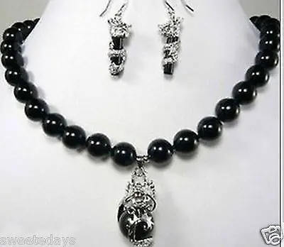 FREE SHIPPING@ Free shipping Fashion beautiful 10mm black stone dragon earring pendant Necklace set Natural jewelry