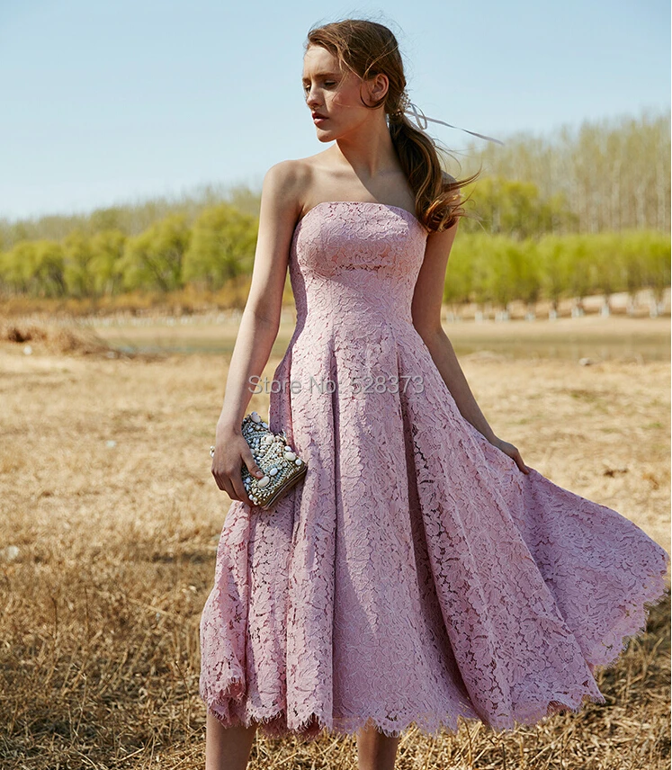 YNQNFS YRE29 A-line Tea Length Elegant Strapless Lace Party Bridesmaid Dress Gowns Real Photos