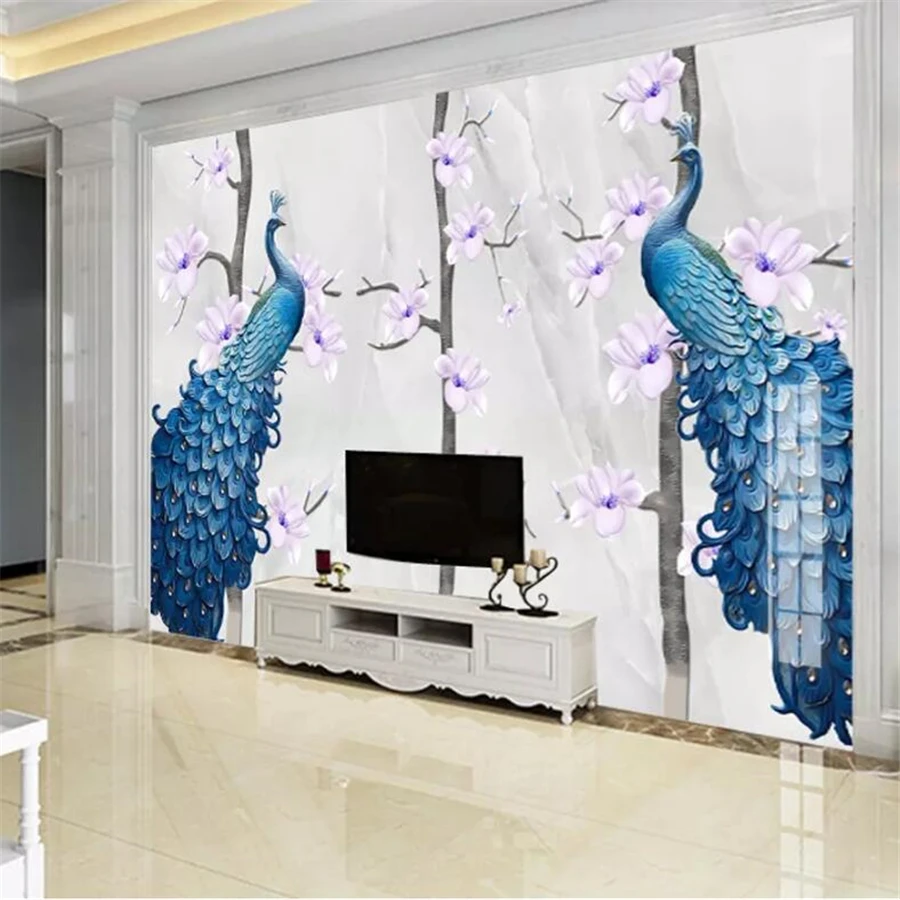 wellyu Custom wallpaper 3D murals modern new Chinese oil painting magnolia peacock marble living room TV background wall paper