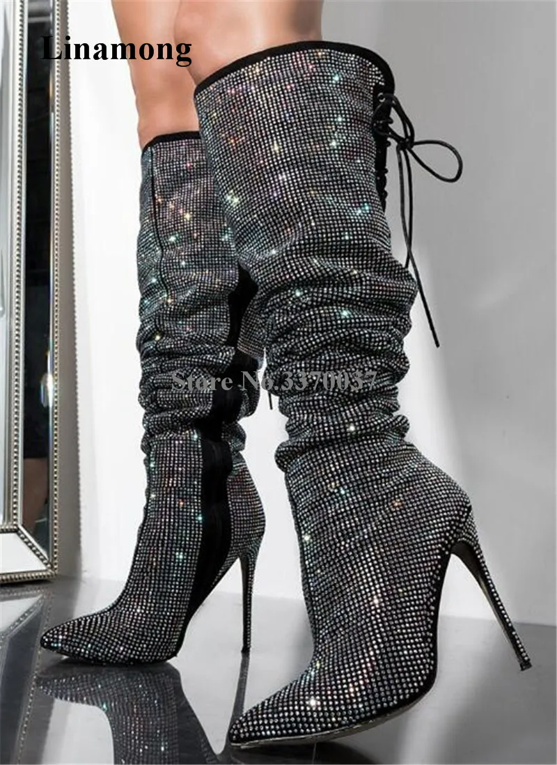 Women Luxurious Bling Bling Pointed Toe Rhinestone Thin Heel Over Knee Boots Back Lace-up Black Crystal High Heel Long Boots