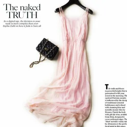 Trend Fashion Women Shell 100%Silk Dress Natural Fiber High Quality Holiday Pink Sweet Beach Long dress Summer Clothing