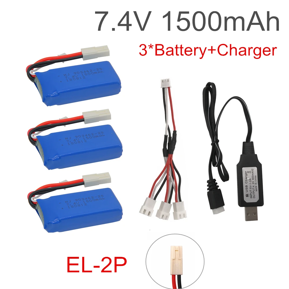 Batteria Lipo 7.4 V 1500 mAh con caricatore USB per FT009 RC Boat 12428 144001 batteria Lipo 2S 7.4 V 1500 mah 903462 2S JST SM T PLUG