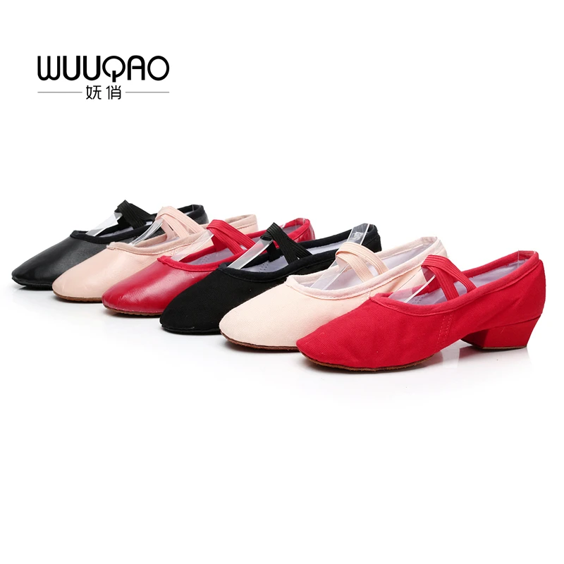 New Arrival Women\'s Canvas Leather Dance Shoes Square Low Heel Practice Shoes Ladies Ballet Dancing Shoes 4 Color Optional