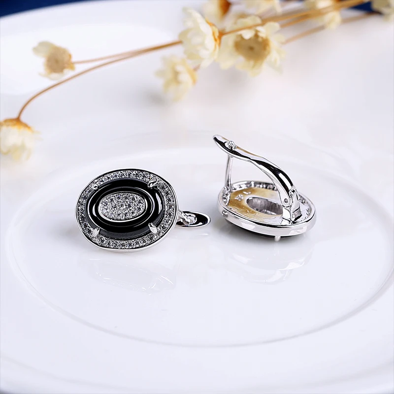 Egg Shape U Shaped Stud Earrings Big Carat Rings Jewelry Set Black White Ceramic Jewelry Set Wedding For Women Size 6-9