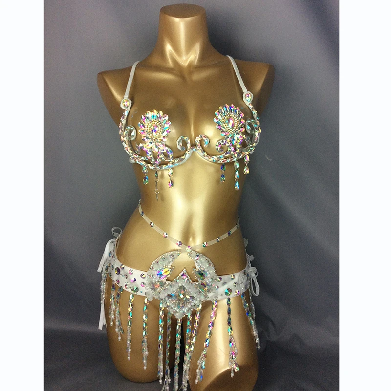 New Sexy Samba Carnival Wire Bra & Belt Costume 2pcs/Set Rainbow stones free shipping CB003 4colors