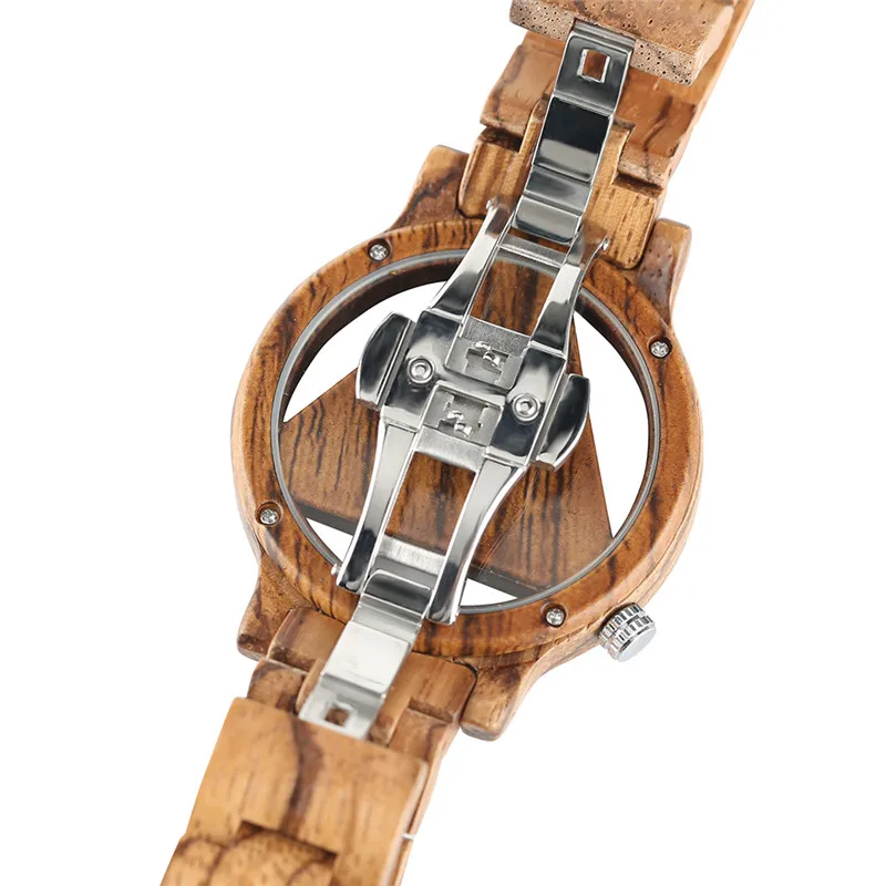 Unique Inverted Geometric Triangle Wood Watch Men Women Creative Hollow Dial Full Wooden Quartz Wristwatch Reloj de madera 2020