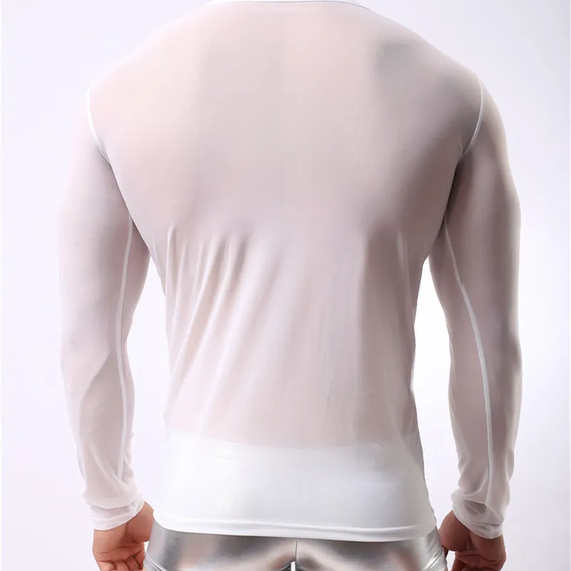 Mens Undershirt Gay clothing Nylon Mesh shirt men See Through Sheer Long Sleeves T Shirts Male Sexy transparent shirt Underwear