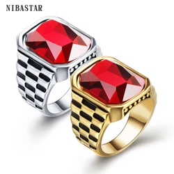 Top Quality Red Stone Luxury Man Ring 316L Stainless Steel Round Cut Red Stone Punk Rock Big Created Engraving Engagement Rings