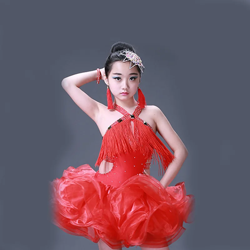 

Girl's Latin dance costume children's dance skirt Latin dance competition performance clothing red stage performance clothing