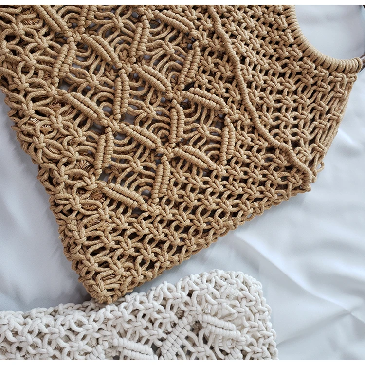 Popula Cotton Rope Hollow Straw Bag Sheer Macrame Tote wooden ring rattan handle Net Bag Vintage Retro Chic handbag