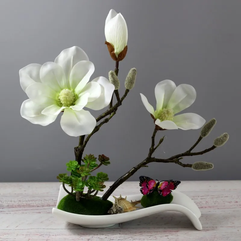 

Modern Ceramic Vase Figurines+Magnolia Phalaenopsis Artificial Flower Pot Home Hotel Desktop Fake Flower Ornament Decoration