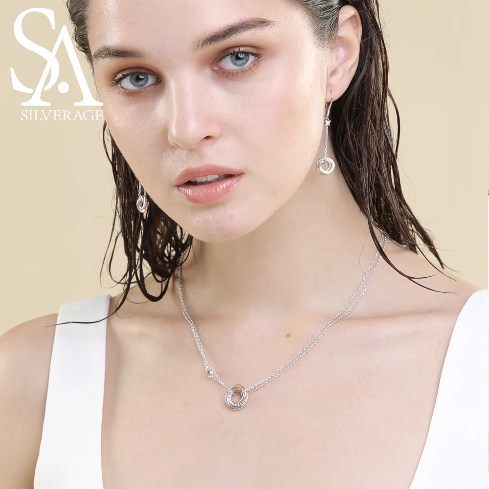 SA SILVERAGE 925 Sterling Silver Long Necklaces Pendants for Women Rose Gold Color Fine Jewelry 925 Silver Maxi Chokers Necklace