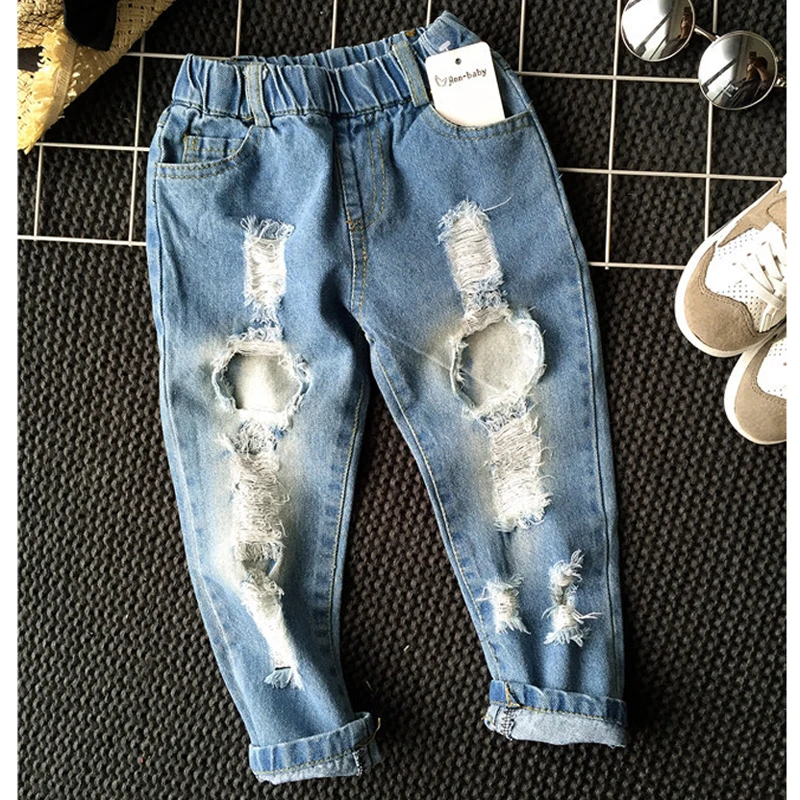 1-8yrs School Boys Clothes Children Broken Hole Jeans Pants New 2021 Baby Girls Jeans Pants Brand Trousers Fashion Jeans