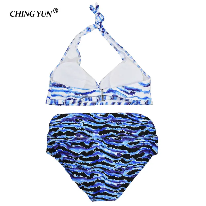 New Swimsuit Woman Swimwear Sexy Beach Beachwear Blue Stripes Halter Camouflage Bikinis Big Size High Waist Girls Loose Bathing